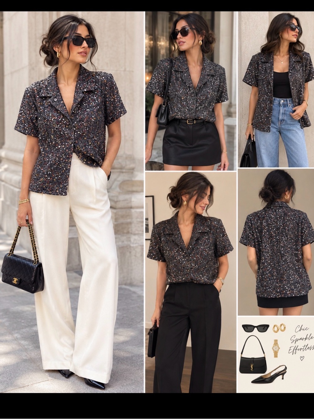 Lafayette 148 New York Black Multicolor Sparkle Short-Sleeve Button Front Shirt